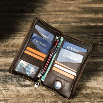 CONTACT'S Crazy Horse, кожаные кошельки для семейного паспорта, дорожные кошельки, мужская сумка, Airtag держатель для карт, роскошная мужская сумка, длинный кошелек