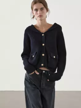 Cos Lris2024 женский осенне-зимний новый осенне-зимний новый маленький ароматный академический стиль темно-синий вязаный кардиган с воротником короткий