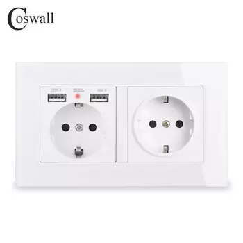 COSWALL розетка с USB, 2 ганга, с индикатором