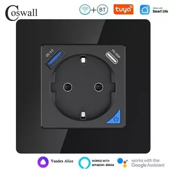 Coswall умная розетка стекло черная 20Вт