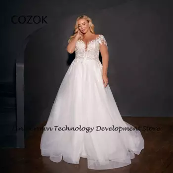 COZOK размера плюс свадебные платья для женщин, мягкое Тюлевое платье цвета слоновой кости с коротким рукавом, блестящее кружевное платье со шлейфом