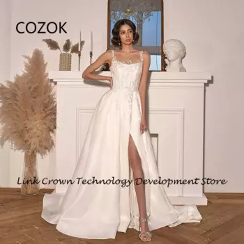 COZOK Свадебные платья цвета слоновой кости для женщин 2024 Свадебные платья с Боковым Разрезом кружевное летнее атласное платье без рукавов с пуговицами сзади