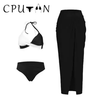CPUTAN 2024 сексуальный комплект бикини с эффектом пуш-ап из 3 предметов, черный женский купальник с лямкой на шее и юбкой, купальник, бразильский пляжный женский купальный костюм, платье