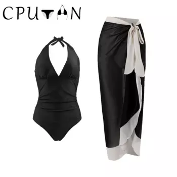 CPUTAN 2024 сексуальный комплект бикини с глубоким V-образным вырезом, женский купальник, юбка, купальник с принтом в стиле ретро, пляжная одежда, Женский Бразильский купальный костюм, платье