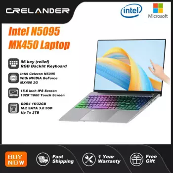 CRELANDER 15,6-дюймовый ноутбук 1920*1080 IPS с сенсорным экраном Intel N5095 2 ТБ SSD с MX450 2G RGB-подсветкой Windows11 Ноутбуки