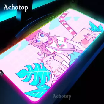 Цветной светящийся эргономичный коврик для мыши с аниме девушкой, RGB розовый коврик для мыши, игровые настольные коврики для ПК-геймера 900x400 XXL, большой Настольный коврик