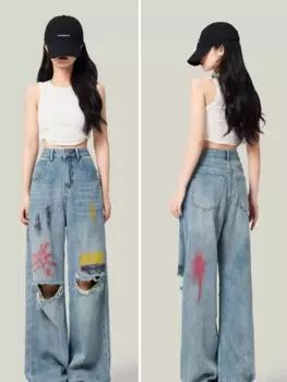 Цветные потертые широкие джинсы, летние свободные и приталенные прямые женские джинсы с высокой талией