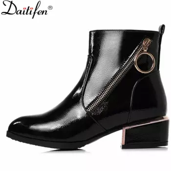 Daitifen Женские зимние ботинки , лаконичные рыцарские ботинки для отдыха с боковой молнией на среднем квадратном каблуке, Зимние ботильоны с мехом