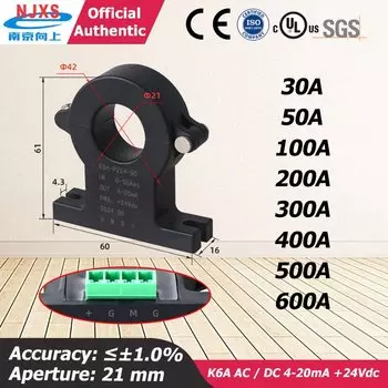 Датчик тока с эффектом Холла 4-20 мА K6A-P2S4 AC 100A 200A/4-20mA Датчик тока с разделенным сердечником 4 20 мА + 24 В постоянного тока зажимной датчик
