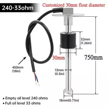 Датчик уровня топлива 650, 700, 750, 780, 800, 900, 1000 мм, 12 В/24 В