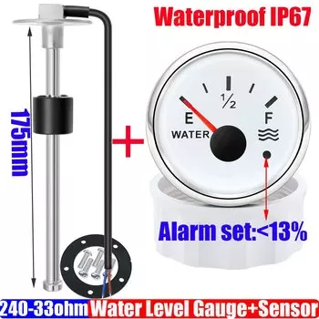 Датчик уровня воды 240-33 Ом + измеритель уровня воды 52 мм с сигнализацией, красная зеркальная емкость для воды, индикатор, водонепроницаемый, автомобиль, яхта