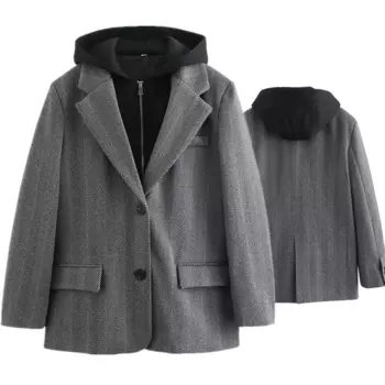 Dave&Di 2024, осенне-зимняя французская минималистичная серая текстура, лоскутная куртка с капюшоном, повседневный костюм в стиле ретро, женские пиджаки