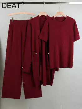 DEAT 2024, осенний комплект из 3 предметов, кардиган с круглым вырезом и короткими рукавами, кардиган с эластичной резинкой на талии, широкие брюки, женские костюмы, новая мода 15C750