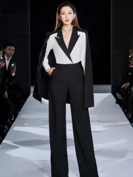 DEAT Элегантный комплект из 2 предметов контрастного цвета, плащ с лацканами, топ с высокой талией, однотонные прямые брюки, женские костюмы, новинка осени 2024, 35Z1047