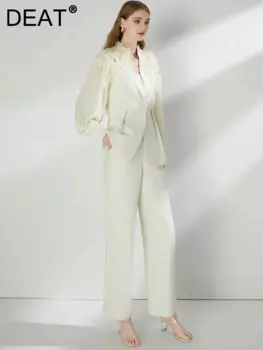 DEAT Элегантный комплект из 2 предметов с лацканами и 3D цветочным узором в стиле пэчворк, плиссированное пальто с пышными рукавами, брюки с высокой талией, женский костюм 2024, осенний новый 15C763