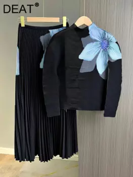 DEAT Элегантный плиссированный комплект из 2 предметов, пуловер с принтом, топ с длинными рукавами, юбка с эластичной резинкой на талии, женский костюм 2024, осенняя новая мода 15C737