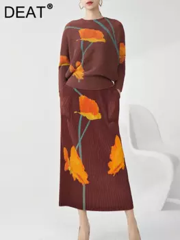 DEAT Элегантный плиссированный комплект из 2 предметов с круглым вырезом и принтом, топ с длинными рукавами, юбка с эластичной резинкой на талии, женский костюм 2024, осенняя новая мода 15C730