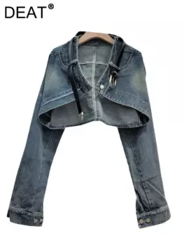 DEAT женское джинсовое пальто без пуговиц в стиле пэчворк на молнии с длинным рукавом и высокой талией с поясом куртки 2024, осенняя новая мода 29L6558