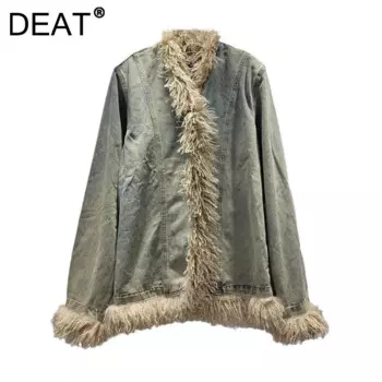 DEAT женское джинсовое пальто в стиле пэчворк, плюшевые, синие, в стиле ретро, с длинными рукавами, экологически чистые меховые куртки, осень 2023, новая мода 29L8821