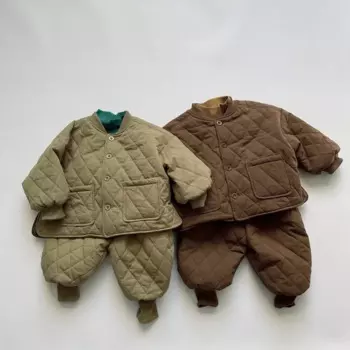 Deer jonmi, новые зимние комплекты детской одежды в корейском стиле, пальто с хлопковой подкладкой, штаны-шаровары, 2 предмета, утепленная теплая одежда для малышей