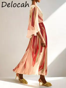 Delocah художественное Ретро облегающее Плиссированное Платье с V-образным вырезом Расклешенным рукавом Цветочное платье французское Макси до щиколотки