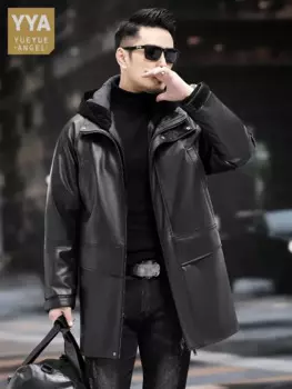 Деловой мужской зимний плотный теплый пуховик из натуральной воловьей кожи средней длины, модный свободный Тренч с капюшоном, пальто женское 5XL