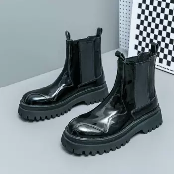 Деловые лакированные кожаные модные ботинки до середины икры на толстой подошве ботильоны уличный стиль классические кожаные ботинки мужские короткие ботинки с круглым носком