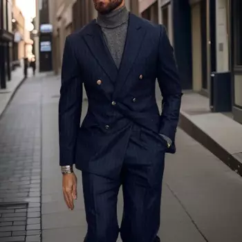 Деловые мужские костюмы в полоску, формальный костюм для свадьбы, смокинг жениха, двубортный темно-синий облегающий модный костюм (куртка + брюки)