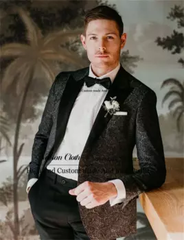 Деловые жаккардовые черные мужские костюмы из двух предметов, пиджак и брюки, облегающие мужские костюмы с заостренным лацканом