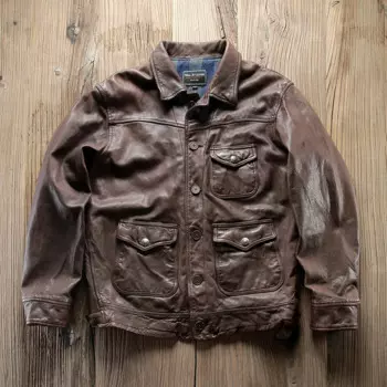 Демисезонная новая мужская куртка из натуральной кожи, необычная Тяжелая мужская куртка из овечьей кожи растительного дубления