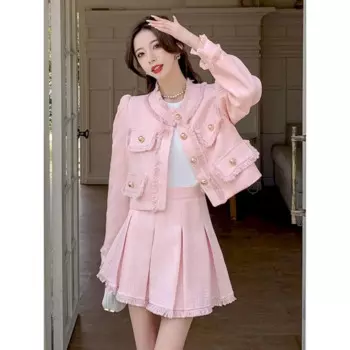 Демисезонный женский твидовый костюм UNXX в стиле Харадзюку из двух предметов с длинными рукавами, короткое пальто, юбка с высокой талией