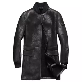 Denny & Dora Мужское пальто из овчины, мужское меховое пальто, длинная стильная бейсбольная кожаная куртка из овечьей кожи