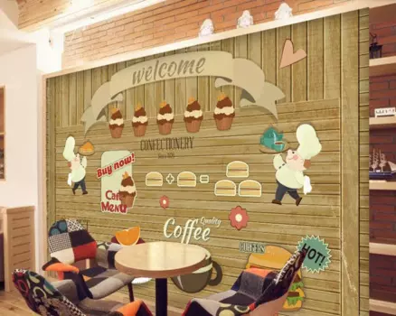 Деревянные обои на заказ, деревянная стена с кофейным тортом, 3D Мультяшные фрески для кафе, ресторана, отеля, фоновые Настенные обои из ПВХ