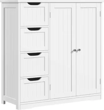 Деревянный шкаф для ванной комнаты с 4-мя ящиками и двойными дверцами, мебель для ванной и отделкой дома, белый