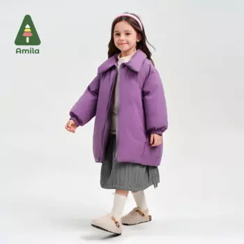 Детская Хлопковая одежда Amila, новинка зимы 2024, фиолетовая Базовая теплая мягкая свободная повседневная детская куртка с лацканами для девочек
