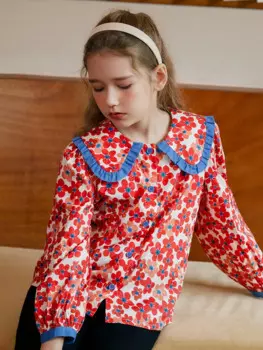 Детская хлопковая рубашка с длинным рукавом, с цветочным принтом