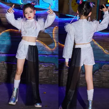 Детская мода джазовые танцевальные выступления Топы с длинным рукавом сетчатые Лоскутные Шорты белые Искусственные танцевальные сценические костюмы в стиле хип-хоп