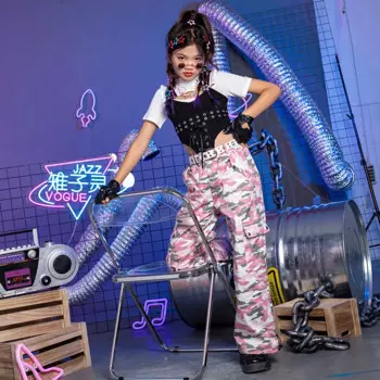 Детская одежда для джазовых танцев, костюм для выступлений в стиле хип-хоп, танцевальная одежда для девочек, топы, камуфляжные штаны, костюм для уличных танцев DL10701