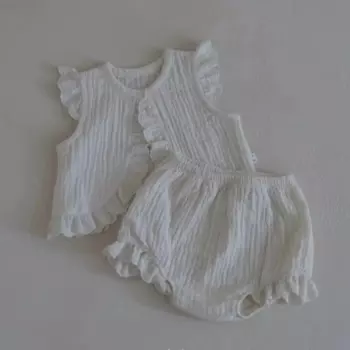 Детская одежда, корейский стиль, белый Хлопковый кардиган, комплект, новинка 2024, Летний дышащий жилет без рукавов для мальчиков и девочек, шорты, комплект из двух предметов