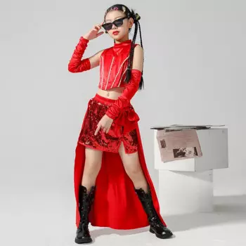 Детская одежда, красный топ, блестки, юбка со шлейфом, костюм для девочек, джазовые танцевальные костюмы, одежда для выступлений, шоу, сцены DQS14741