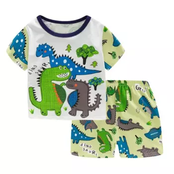 Детская одежда Little maven, детская одежда, летний комплект для маленьких мальчиков 2024, пижама с короткими рукавами и мультяшными динозаврами, топ + штаны