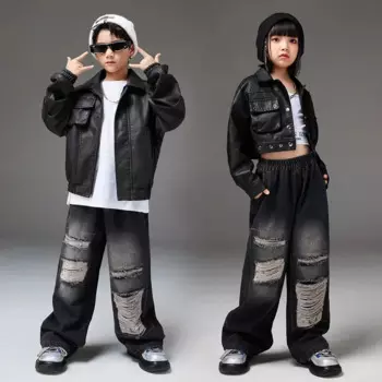 Детская уличная одежда для мальчиков и девочек, свободная кожаная мотоциклетная куртка, джинсовые брюки с широкими штанинами, комплекты, детские костюмы, пальто на весну и осень