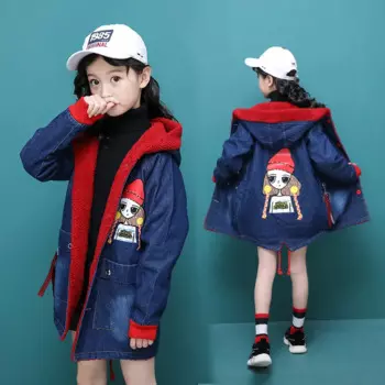 Детская утепленная джинсовая куртка на флисе, с капюшоном