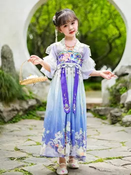 Детские фиолетовые цветочные Вышитые традиционные костюмы Hanfu в китайском стиле, сценическое платье, танцевальные аксессуары