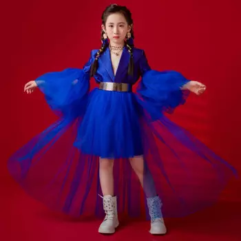 Детские сценические наряды для подиума, синяя сетка, с пышными рукавами, пальто, шорты для девочек, детские крутые танцевальные костюмы в стиле хип-хоп XS5075