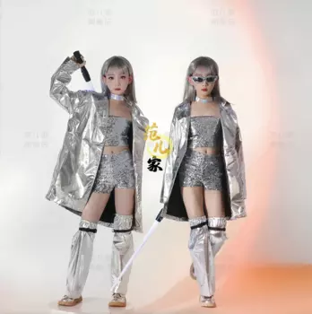 Детские танцевальные костюмы серебристого цвета, модная одежда для сцены в стиле хип-хоп, уличные танцевальные костюмы для выступлений, Девочки серебро Technicolor спектакль костюм, Детский творческий сценический костю