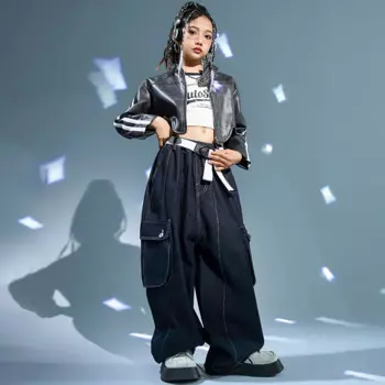 Детский джинсовый костюм из куртки и брюк, с широкими штанинами