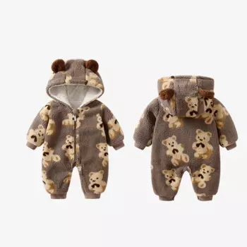 Детский флисовый комбинезон, осенне-зимний теплый костюм для ползания, женская утепленная одежда для новорожденных, комбинезон с длинными рукавами и медведем