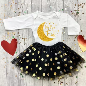 Детский комбинезон My First Eid с длинными рукавами для девочек, золотистая черная юбка-пачка в горошек, мой 1-й ИД, золотистый цвет, звезды, подарок для новорожденных