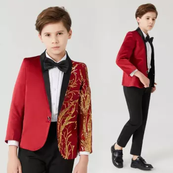 Детский костюм для выступлений; Одежда для мальчиков; Детское пальто; Спортивный костюм; Модная детская одежда; Детский костюм винно-красного цвета с блестками; Пальто